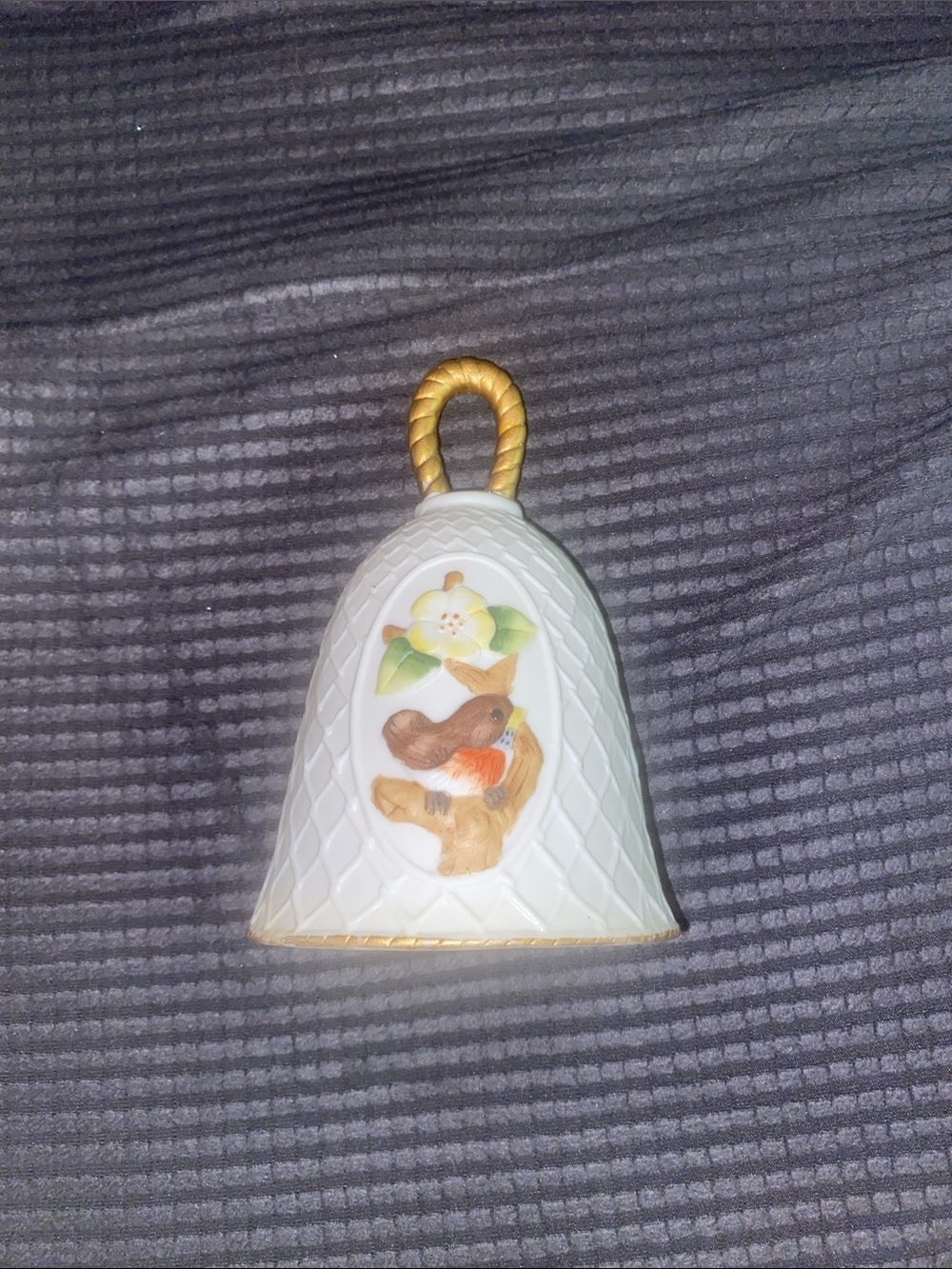 White Porcelain Bell with Bird Motif and Gold Handle